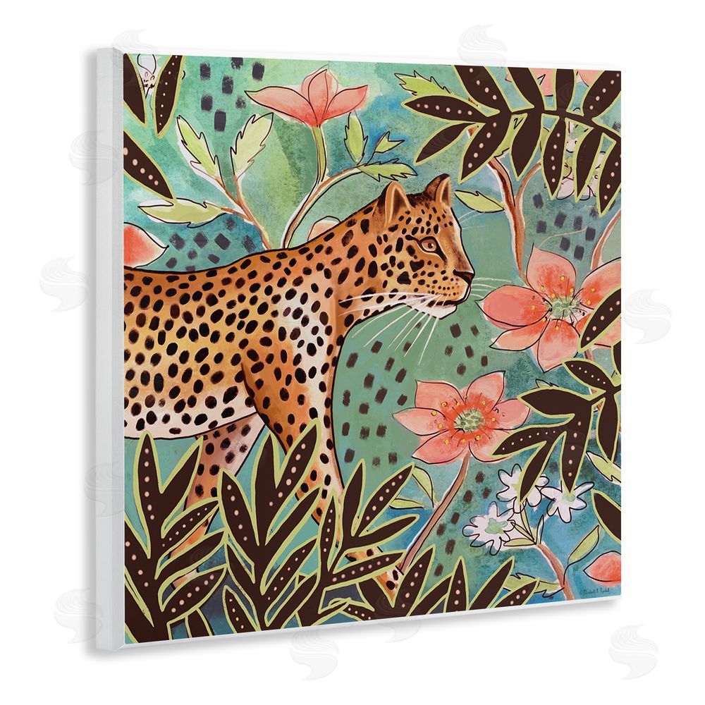 Elizabeth Tyndall Leopard & Jungle Florals Wooden Wall Plaque Art Print