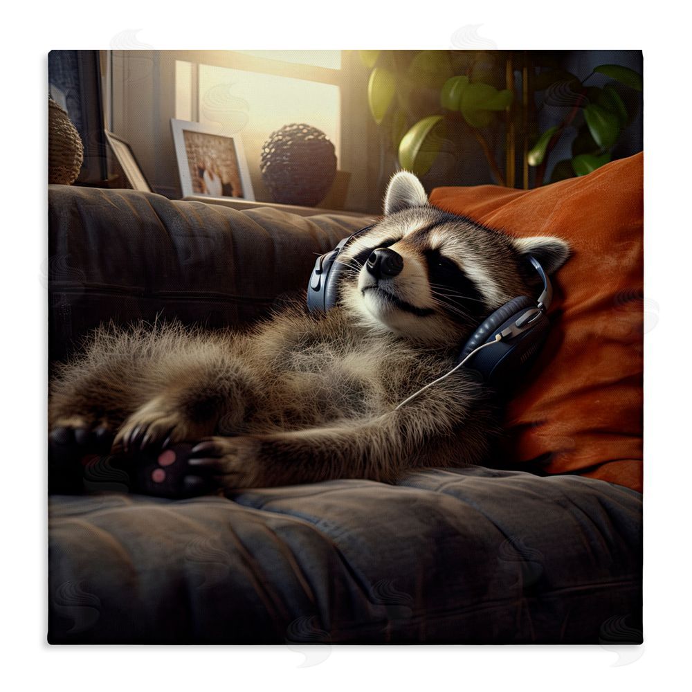 Jim Baldwin Raccoon Relaxing Headphones Stretched Canvas Wall Art Print