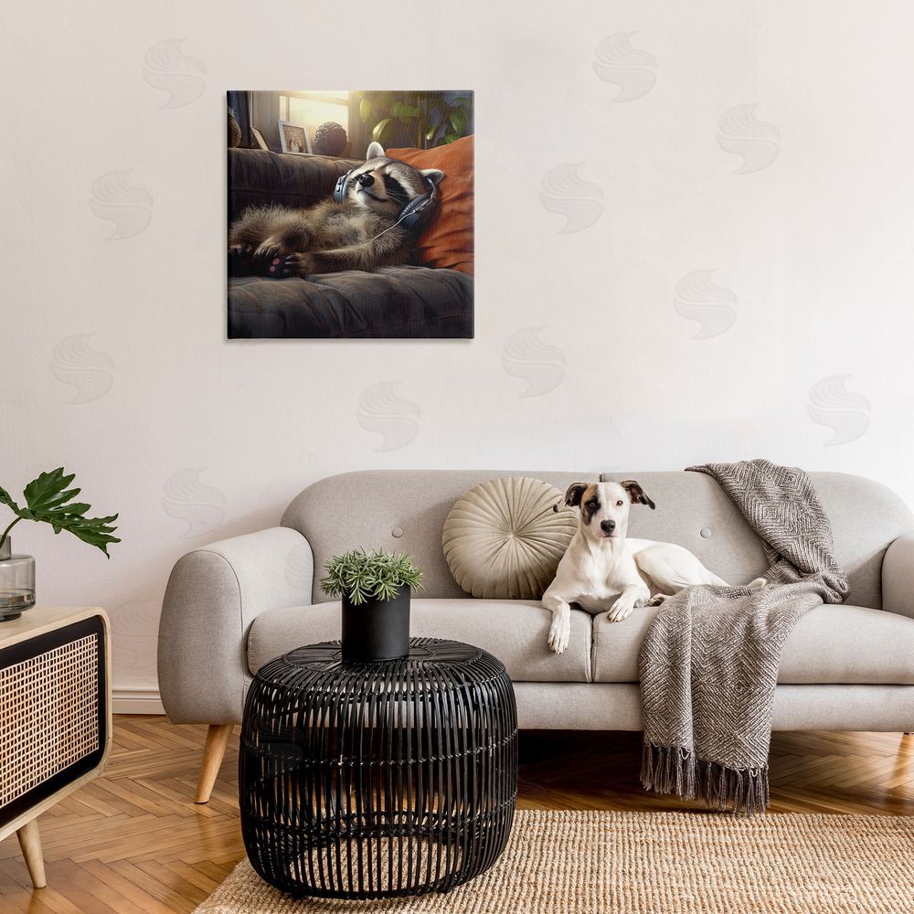 Jim Baldwin Raccoon Relaxing Headphones Canvas Wall Art in Room