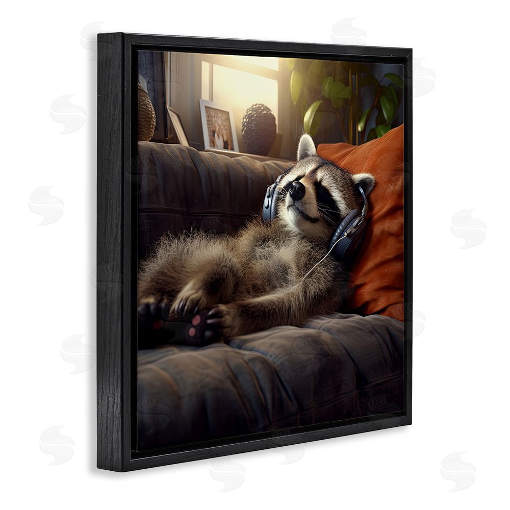 Jim Baldwin Raccoon Relaxing Headphones Black Floating Frame Canvas Wall Art Print