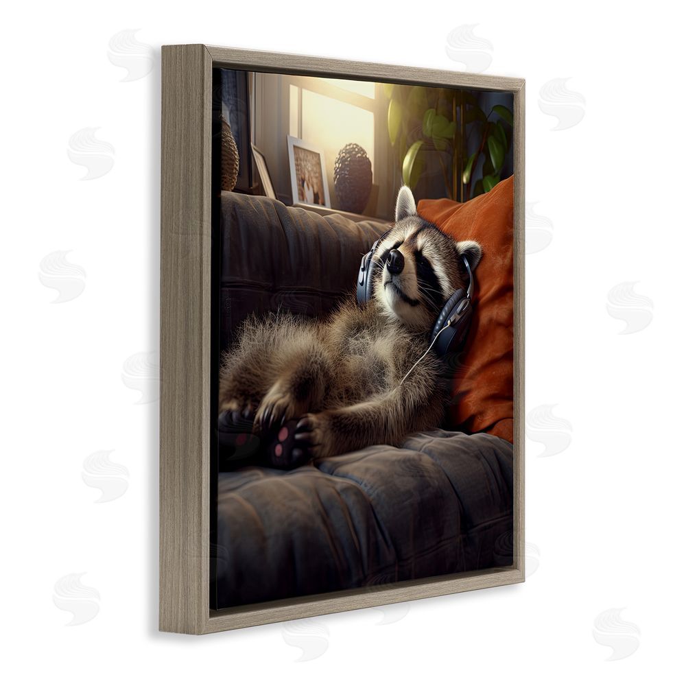 Jim Baldwin Raccoon Relaxing Headphones Brown Floating Frame Canvas Wall Art Print