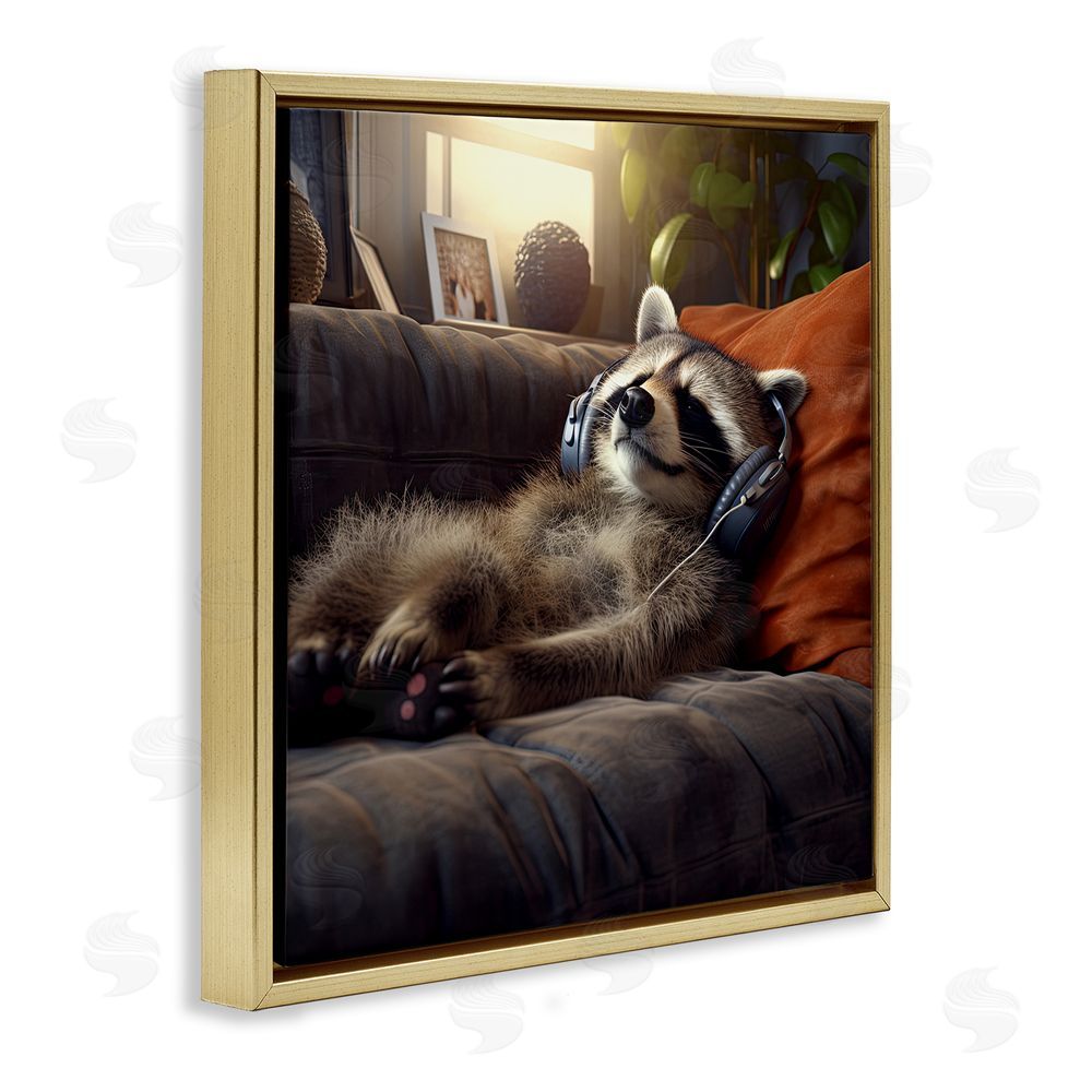 Jim Baldwin Raccoon Relaxing Headphones Gold Floating Frame Canvas Wall Art Print