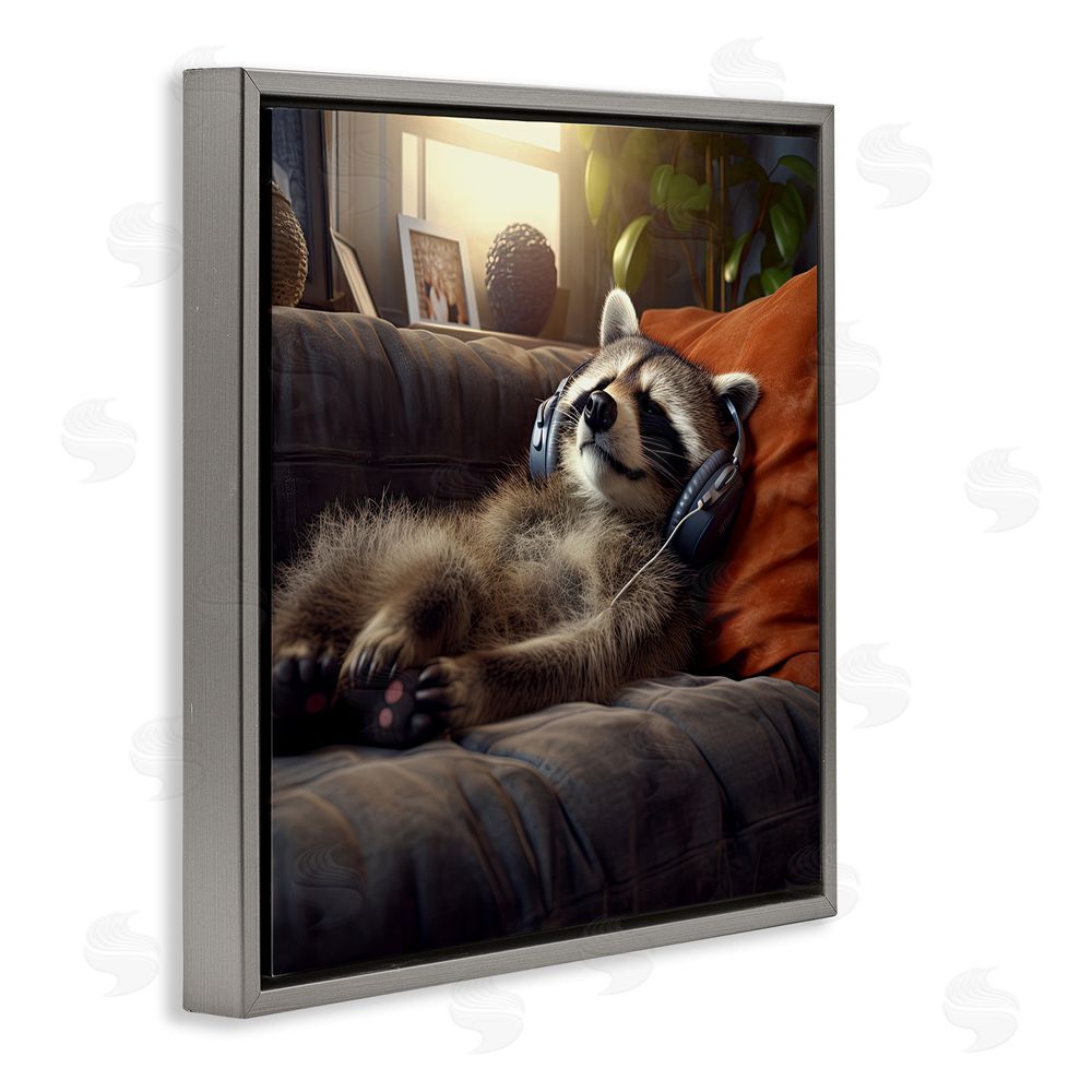 Jim Baldwin Raccoon Relaxing Headphones Gray Floating Frame Canvas Wall Art Print