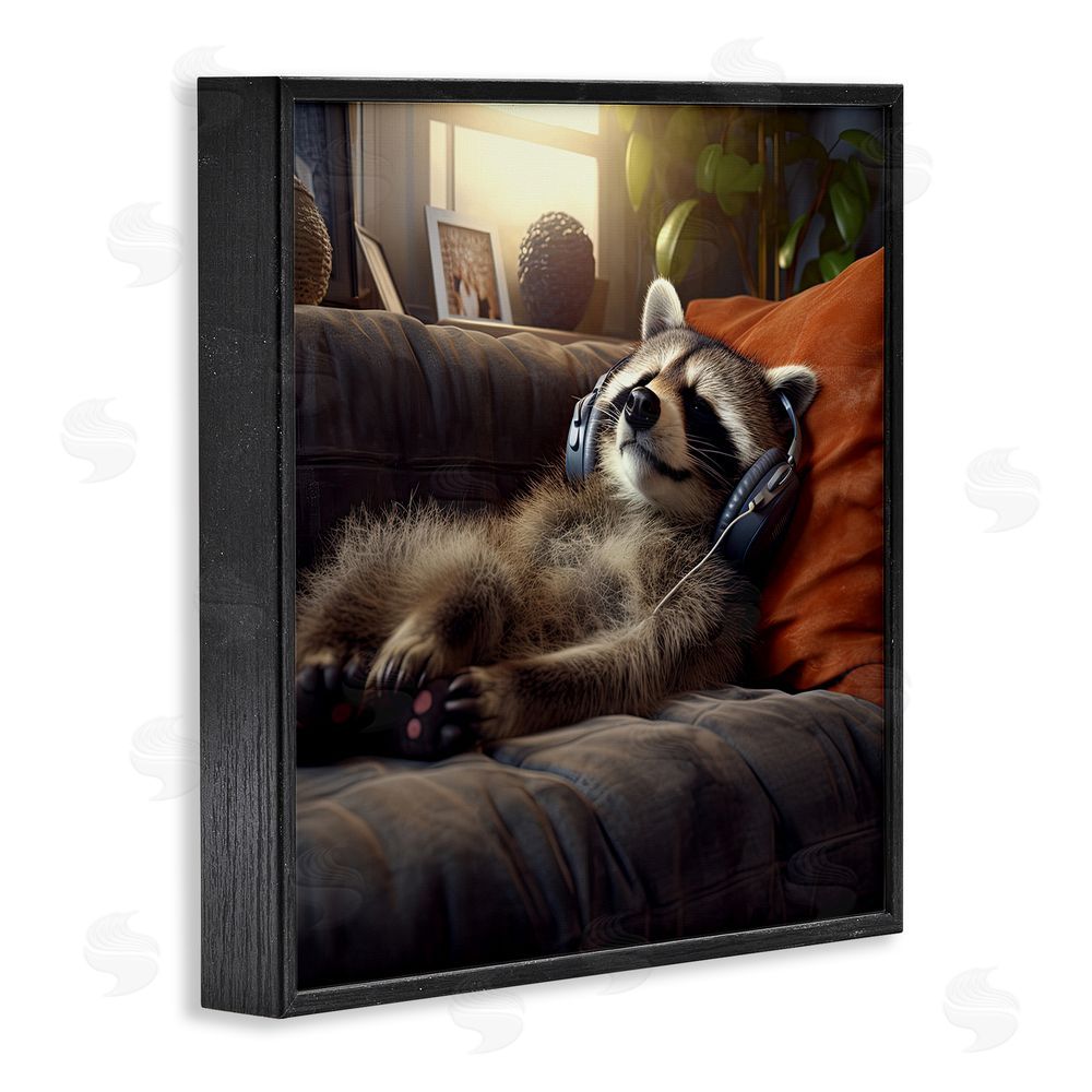Jim Baldwin Raccoon Relaxing Headphones Black Framed Glicee Wall Art Print