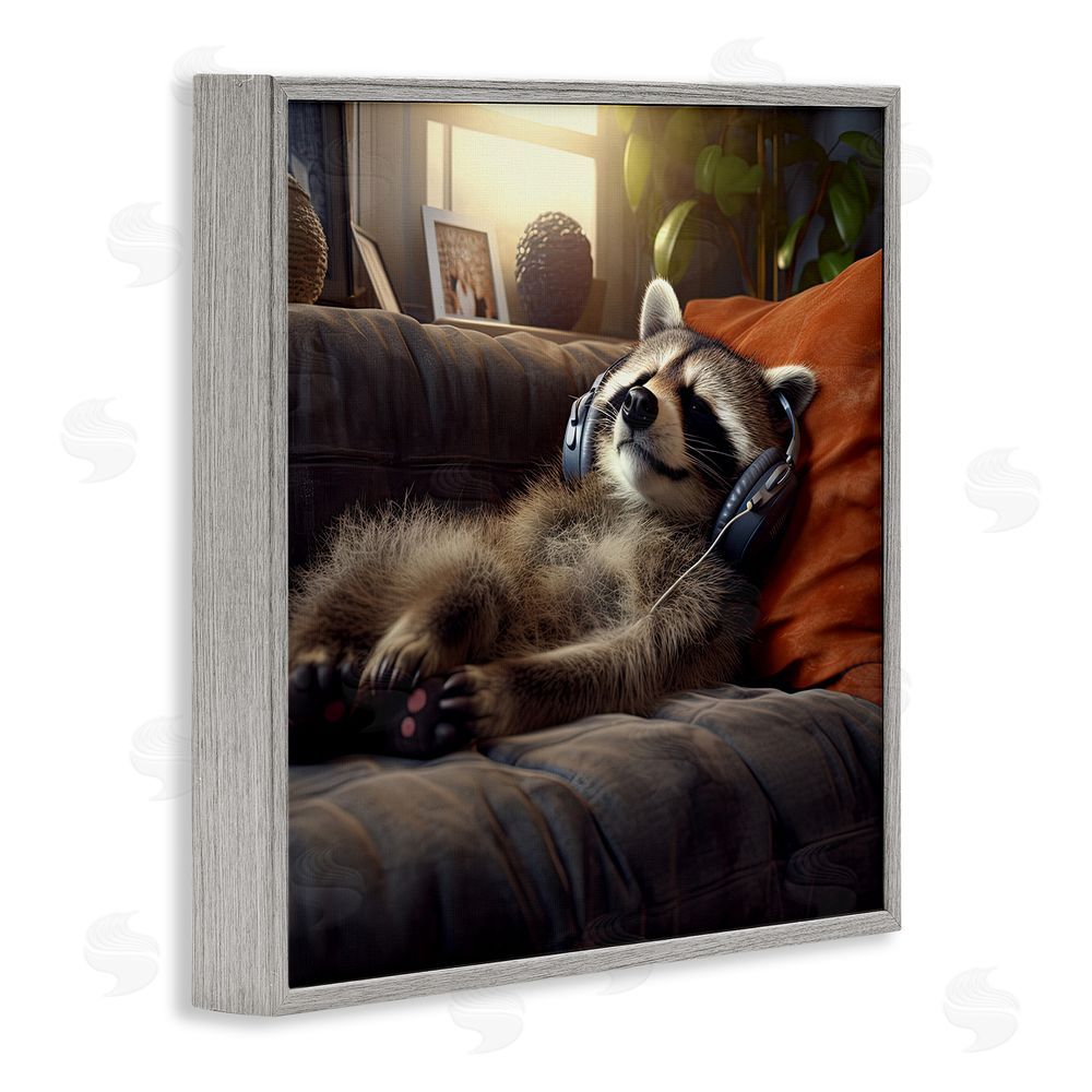 Jim Baldwin Raccoon Relaxing Headphones Gray Framed Glicee Wall Art Print