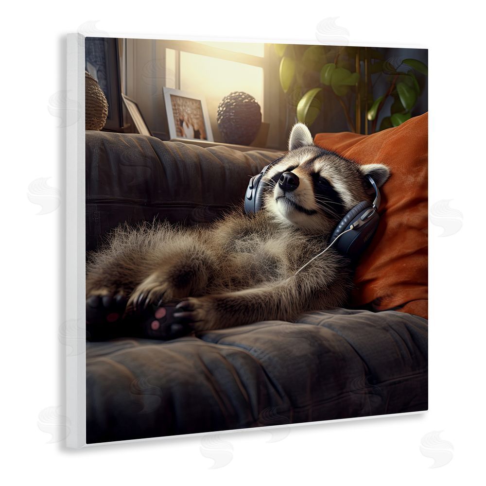 Jim Baldwin Raccoon Relaxing Headphones Wooden Wall Plaque Art Print