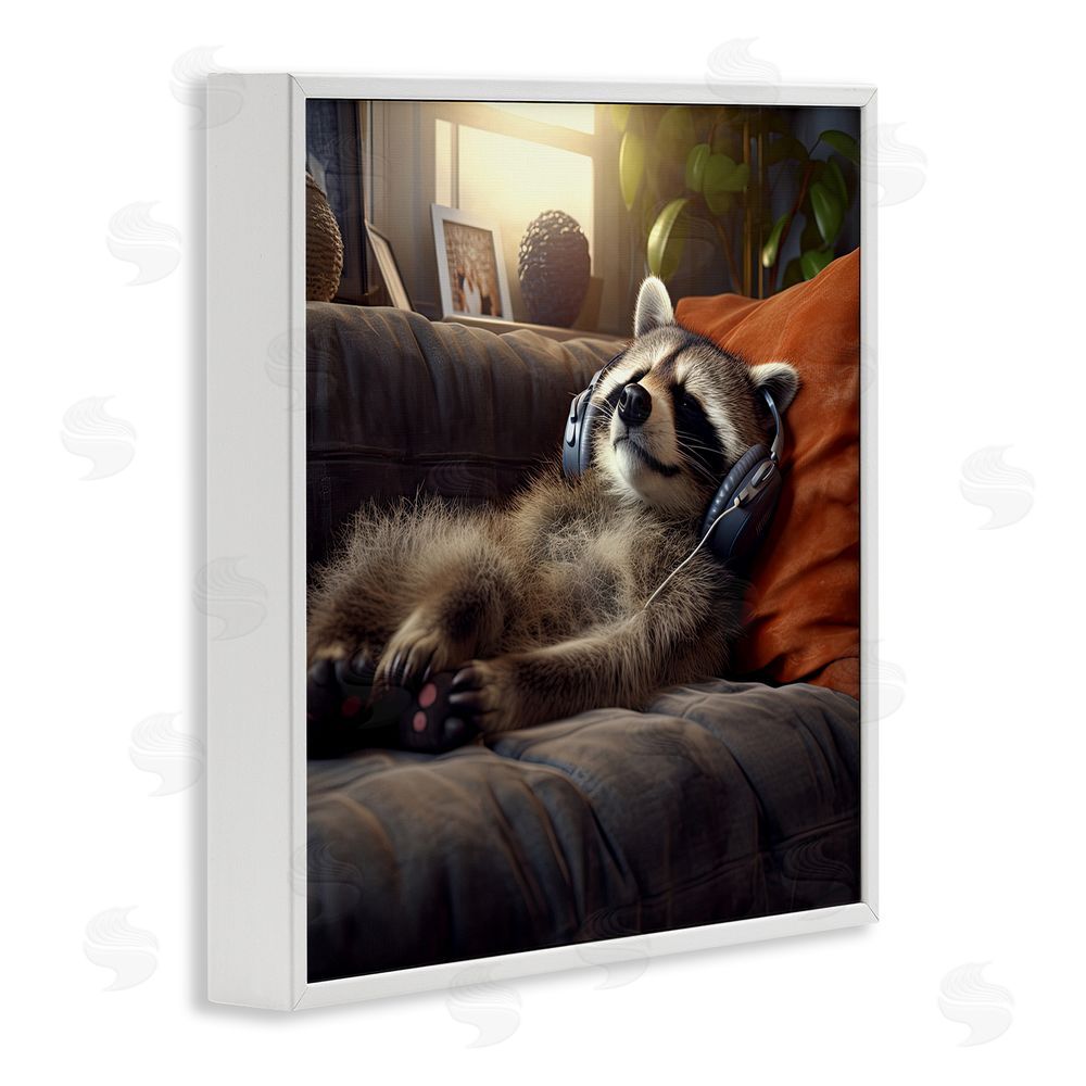 Jim Baldwin Raccoon Relaxing Headphones White Framed Glicee Wall Art Print