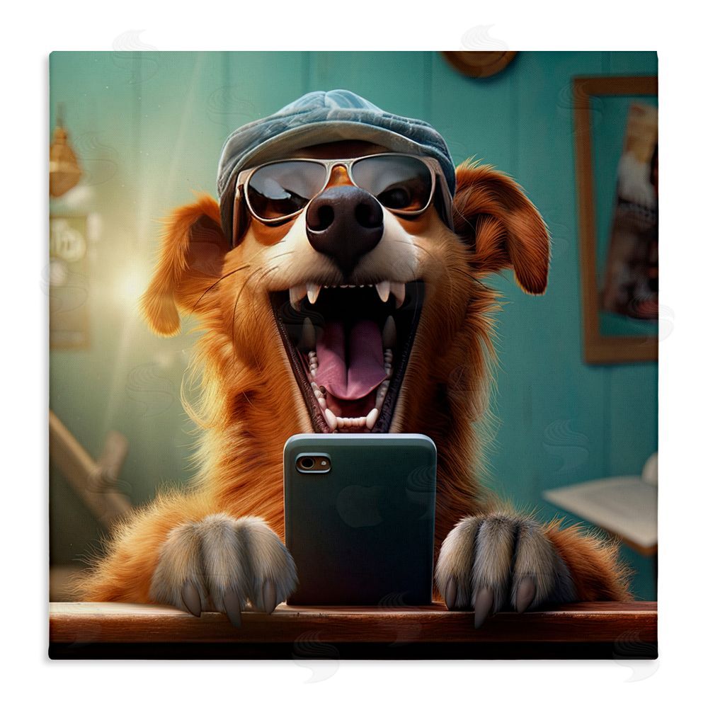 Jim Baldwin Happy Dog on Cell Phone Stretched Canvas Wall Art Print