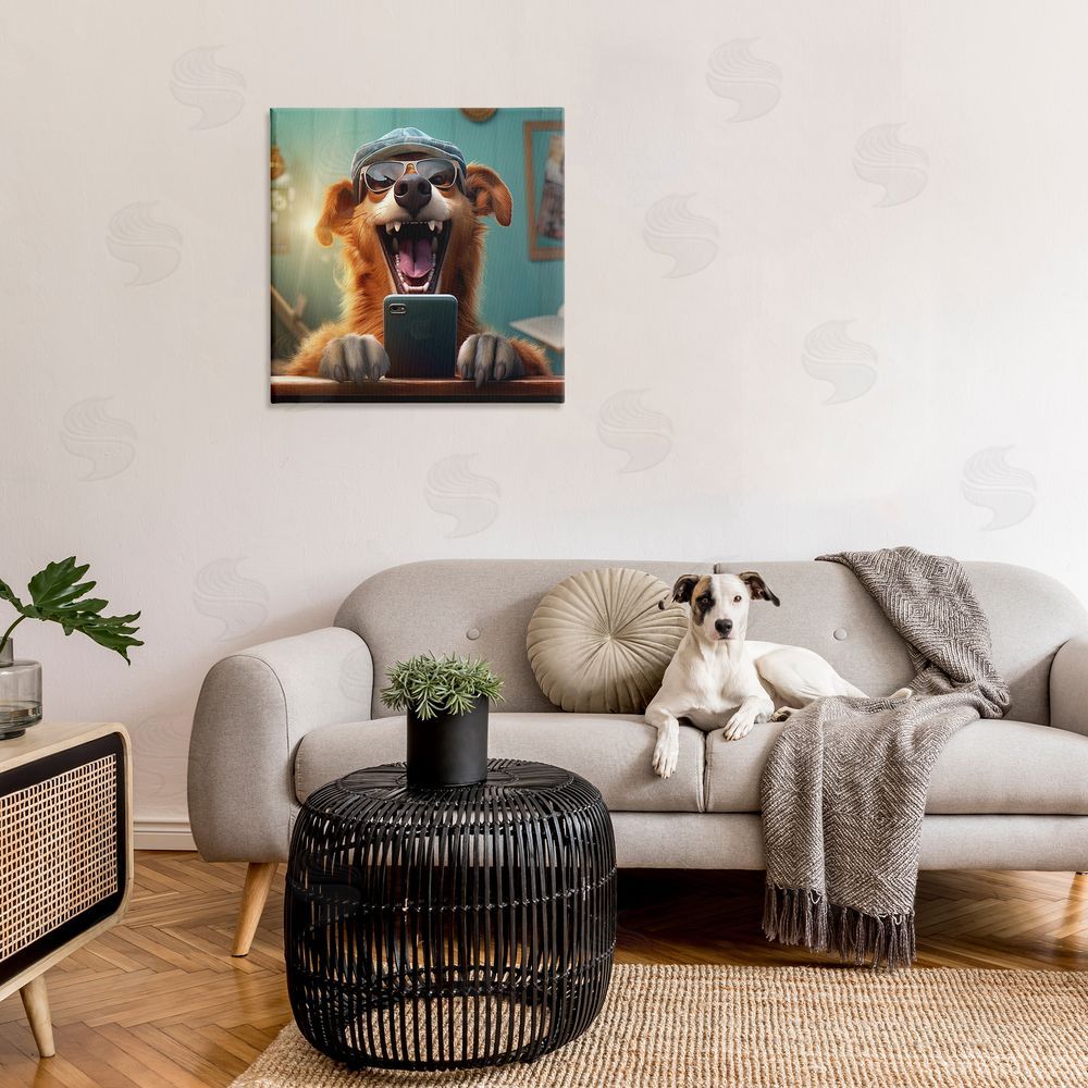 Jim Baldwin Happy Dog on Cell Phone Canvas Wall Art in Room