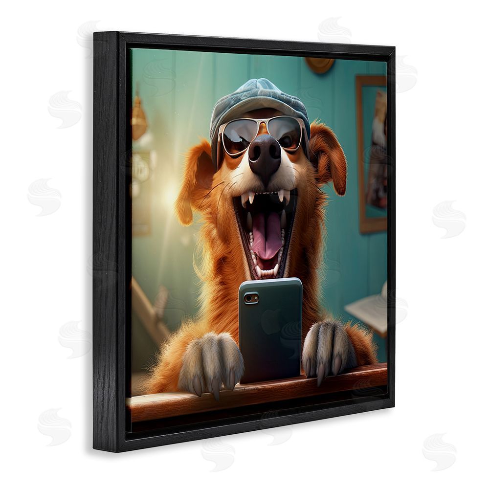 Jim Baldwin Happy Dog on Cell Phone Black Floating Frame Canvas Wall Art Print