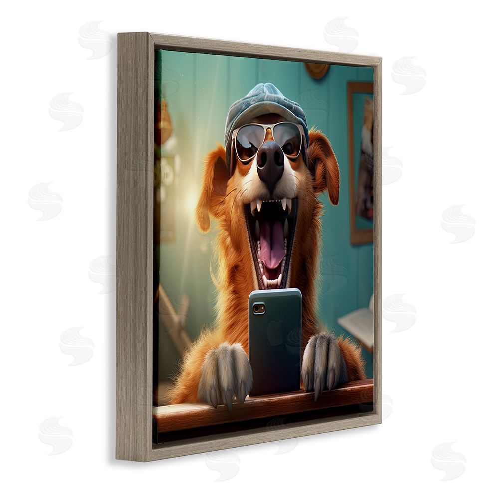 Jim Baldwin Happy Dog on Cell Phone Brown Floating Frame Canvas Wall Art Print
