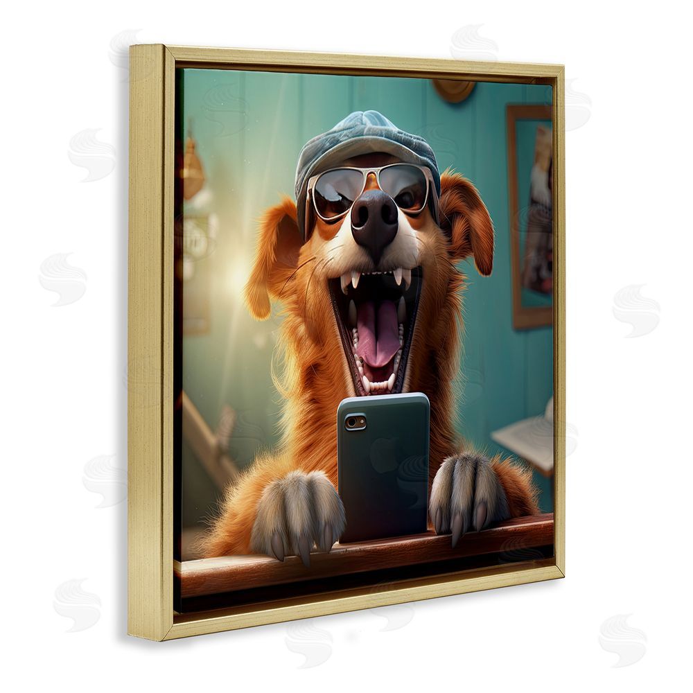 Jim Baldwin Happy Dog on Cell Phone Gold Floating Frame Canvas Wall Art Print
