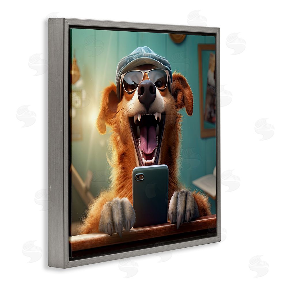 Jim Baldwin Happy Dog on Cell Phone Gray Floating Frame Canvas Wall Art Print