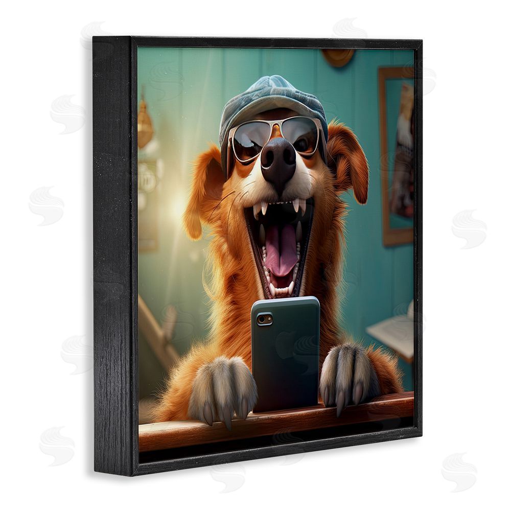 Jim Baldwin Happy Dog on Cell Phone Black Framed Glicee Wall Art Print