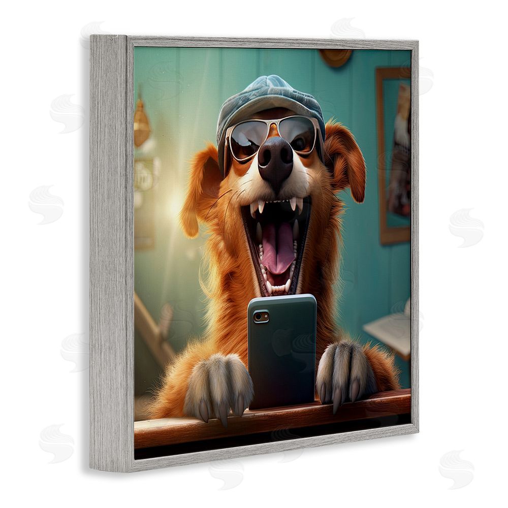 Jim Baldwin Happy Dog on Cell Phone Gray Framed Glicee Wall Art Print