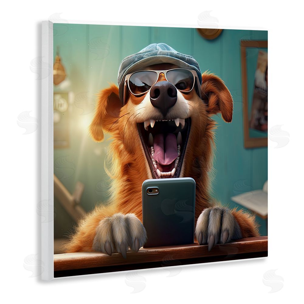 Jim Baldwin Happy Dog on Cell Phone Wooden Wall Plaque Art Print