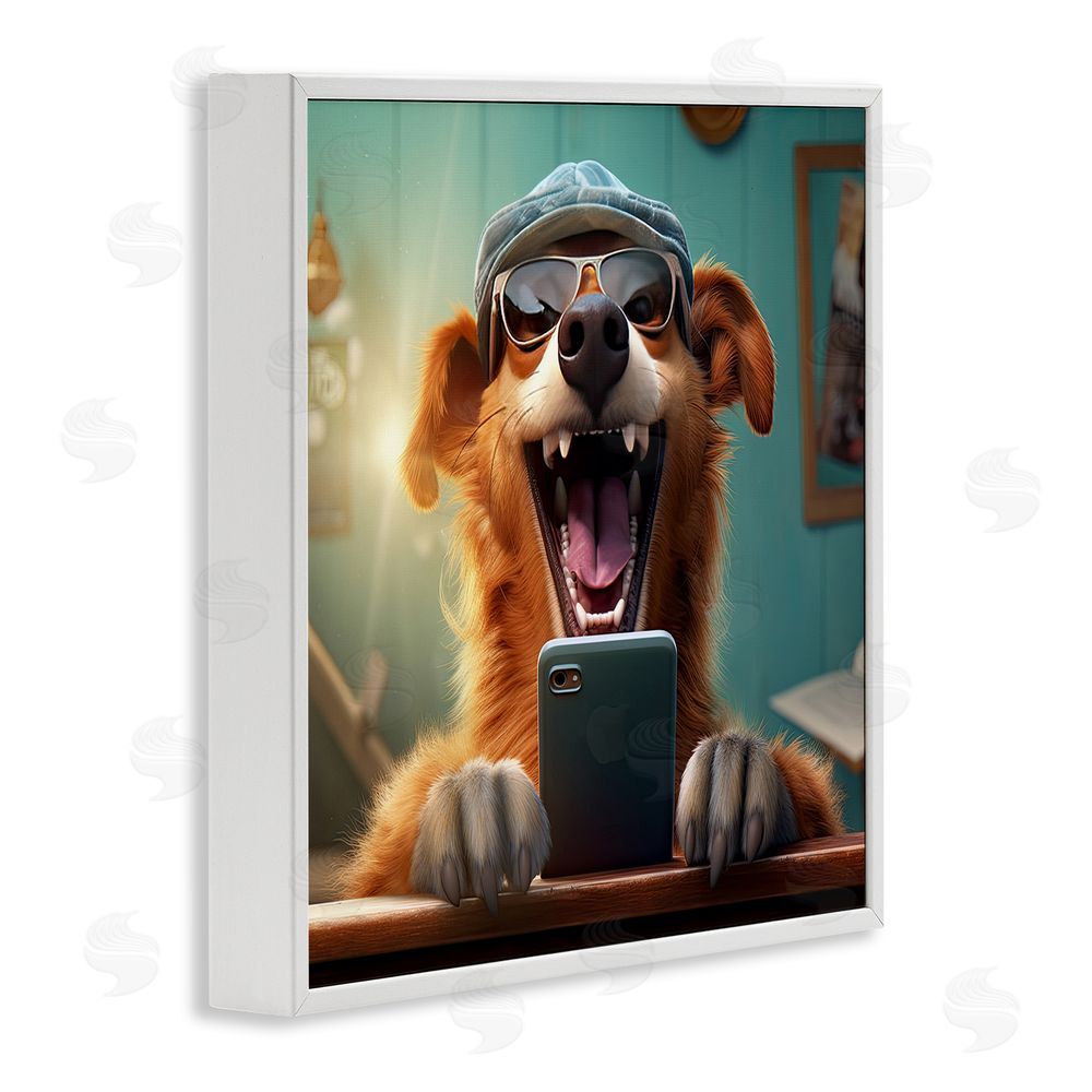 Jim Baldwin Happy Dog on Cell Phone White Framed Glicee Wall Art Print