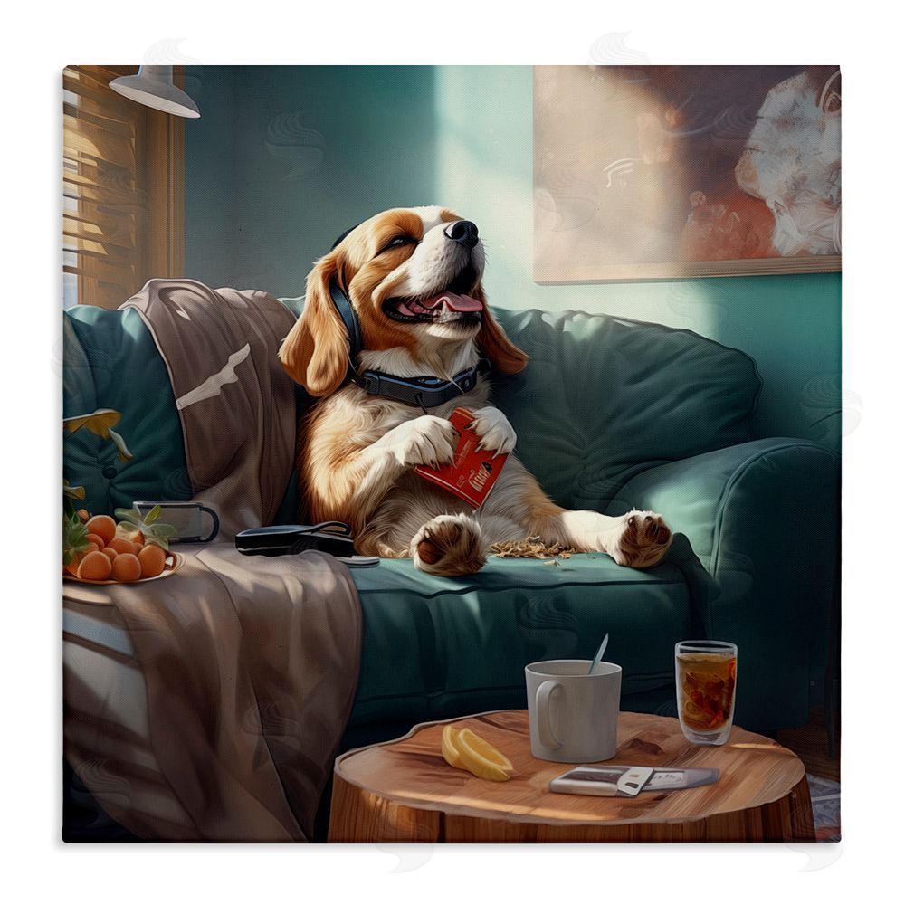 Jim Baldwin Happy Dog on Couch Stretched Canvas Wall Art Print