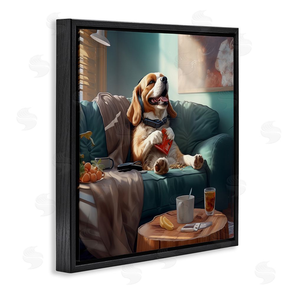 Jim Baldwin Happy Dog on Couch Black Floating Frame Canvas Wall Art Print