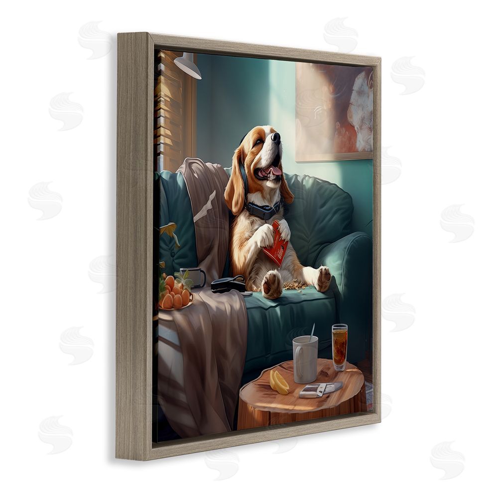 Jim Baldwin Happy Dog on Couch Brown Floating Frame Canvas Wall Art Print