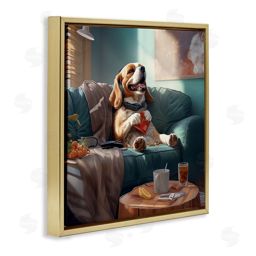 Jim Baldwin Happy Dog on Couch Gold Floating Frame Canvas Wall Art Print
