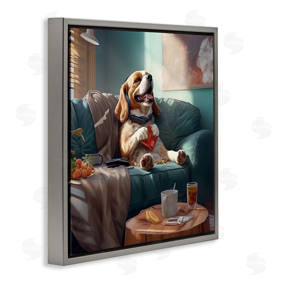 Jim Baldwin Happy Dog on Couch Gray Floating Frame Canvas Wall Art Print