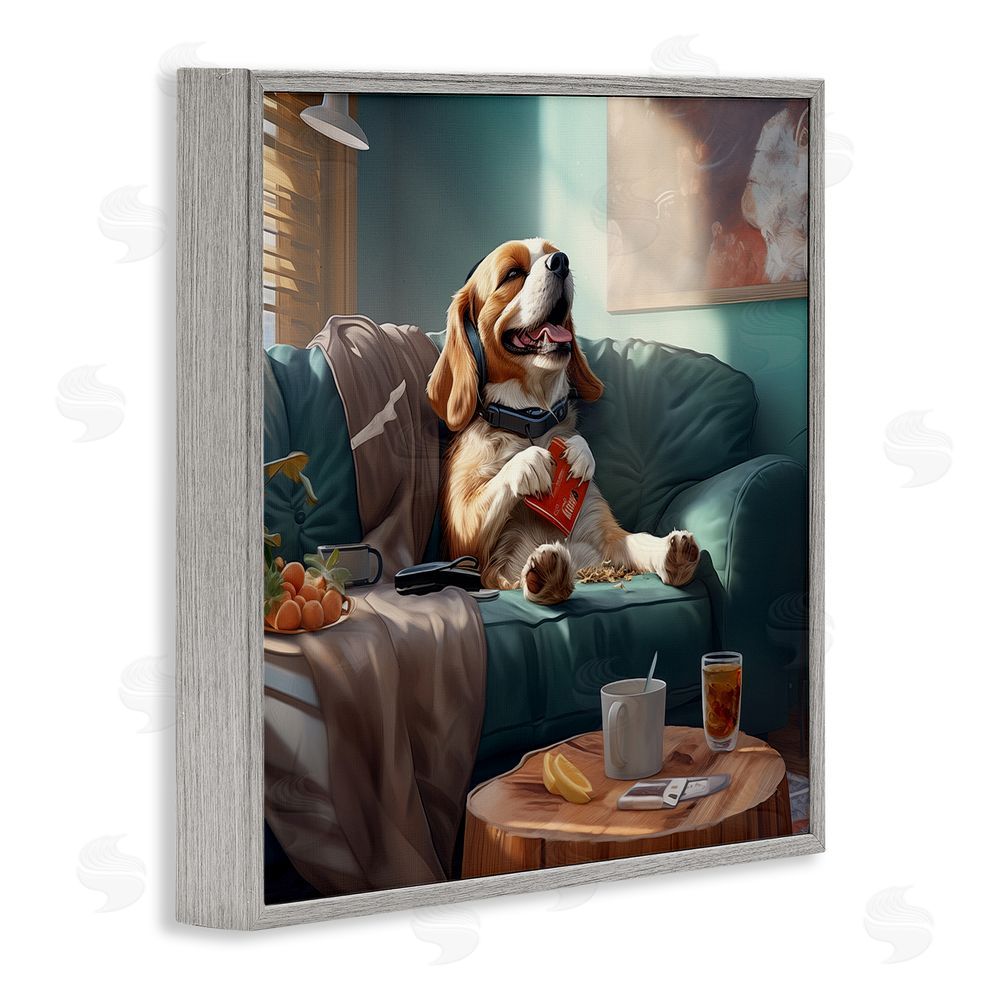 Jim Baldwin Happy Dog on Couch Gray Framed Glicee Wall Art Print
