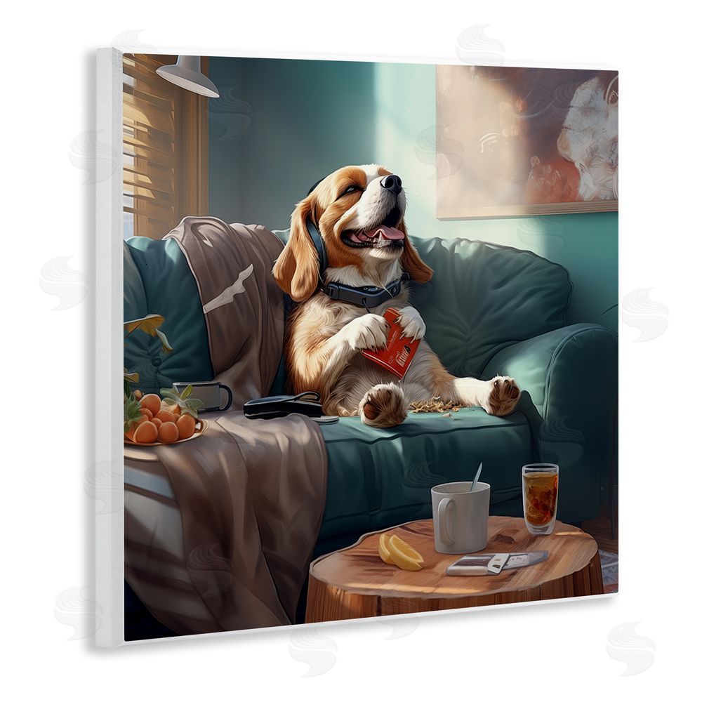 Jim Baldwin Happy Dog on Couch Wooden Wall Plaque Art Print