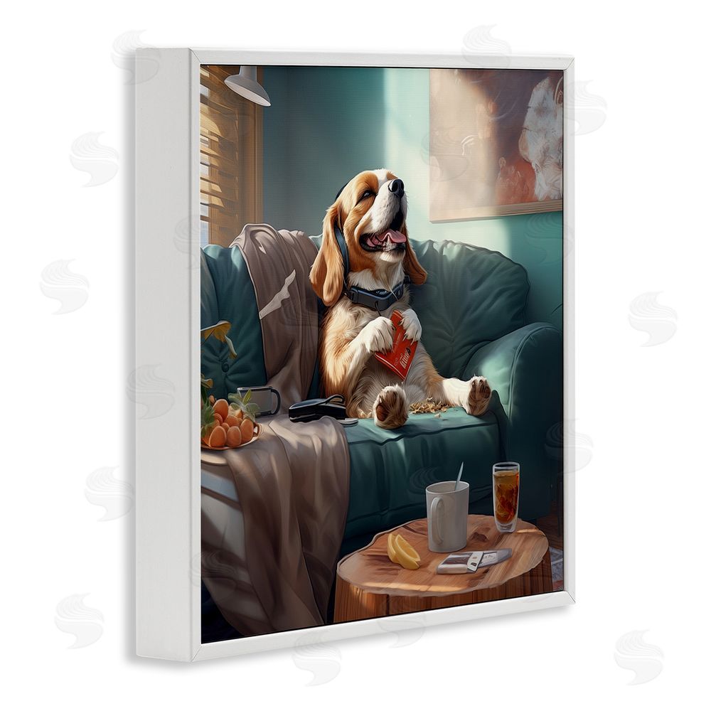 Jim Baldwin Happy Dog on Couch White Framed Glicee Wall Art Print