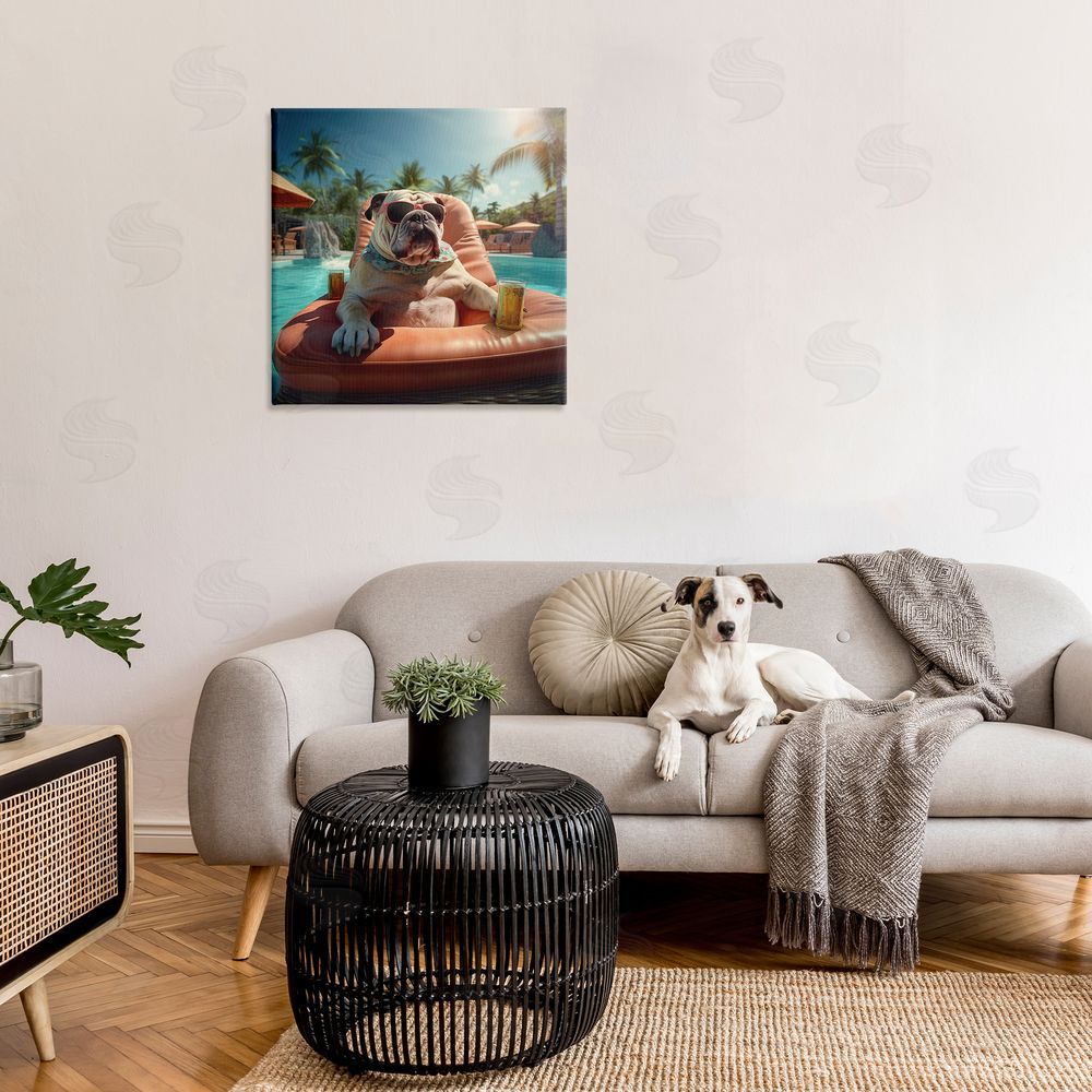 Jim Baldwin Bulldog in Resort Pool Canvas Wall Art in Room
