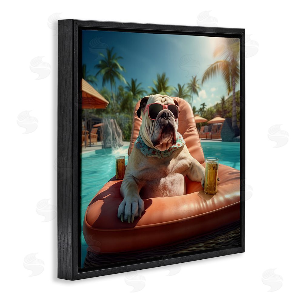 Jim Baldwin Bulldog in Resort Pool Black Floating Frame Canvas Wall Art Print