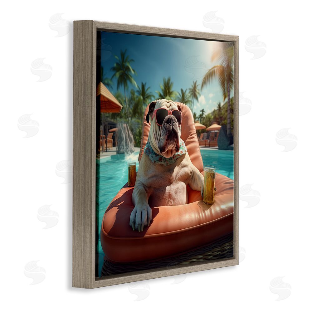 Jim Baldwin Bulldog in Resort Pool Brown Floating Frame Canvas Wall Art Print