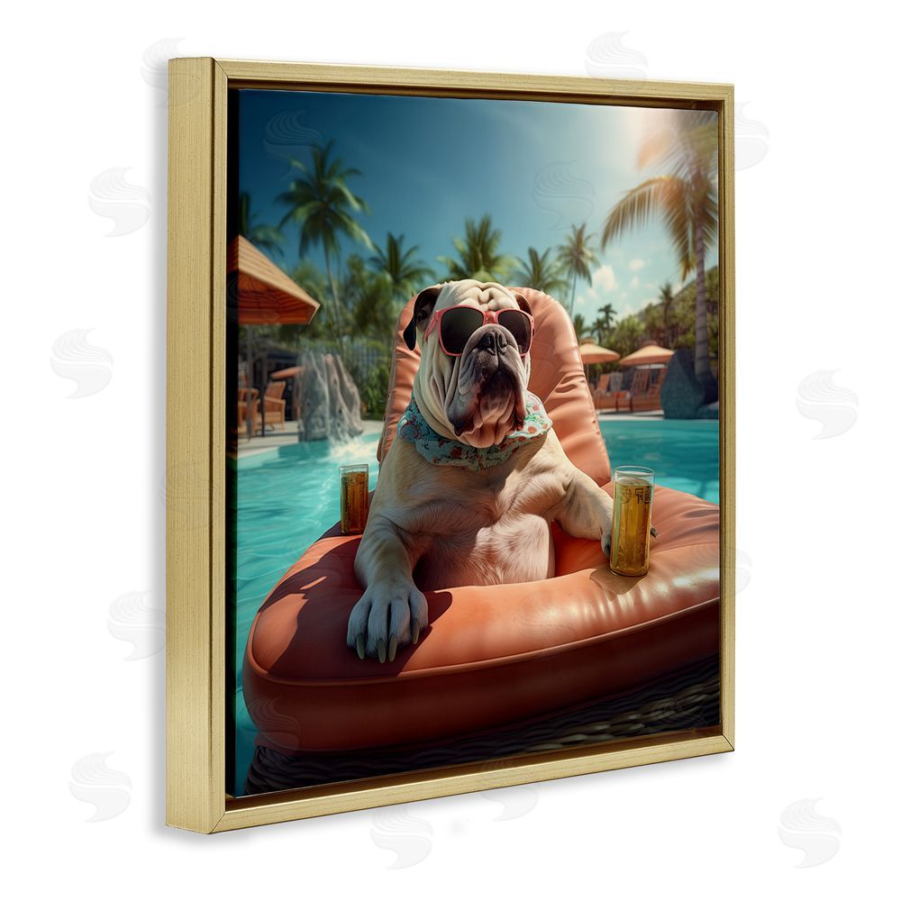 Jim Baldwin Bulldog in Resort Pool Gold Floating Frame Canvas Wall Art Print