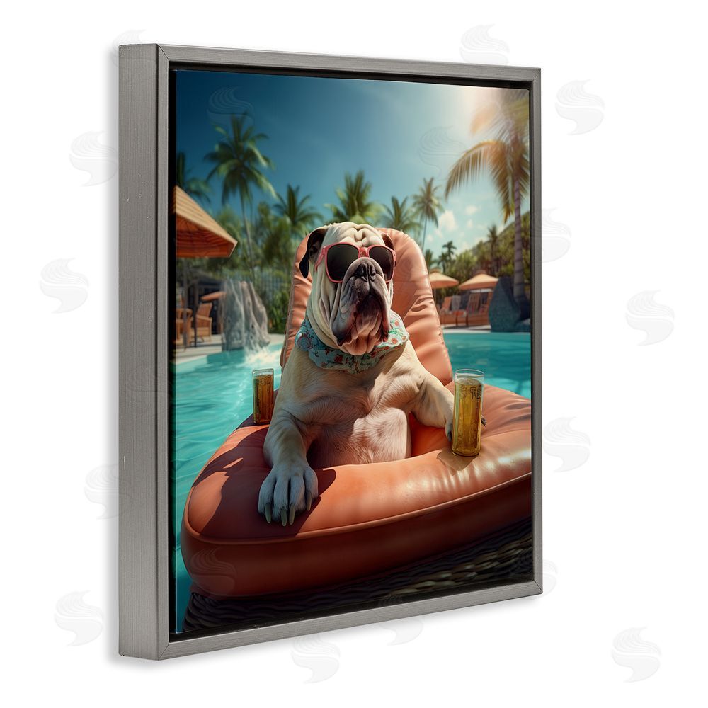 Jim Baldwin Bulldog in Resort Pool Gray Floating Frame Canvas Wall Art Print