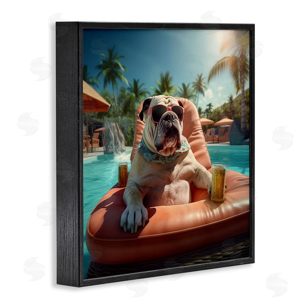 Jim Baldwin Bulldog in Resort Pool Black Framed Glicee Wall Art Print