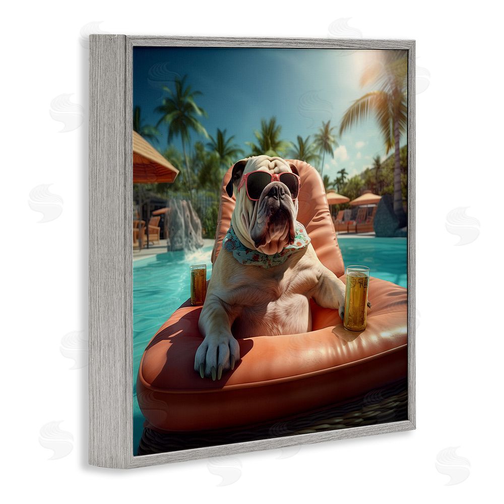 Jim Baldwin Bulldog in Resort Pool Gray Framed Glicee Wall Art Print