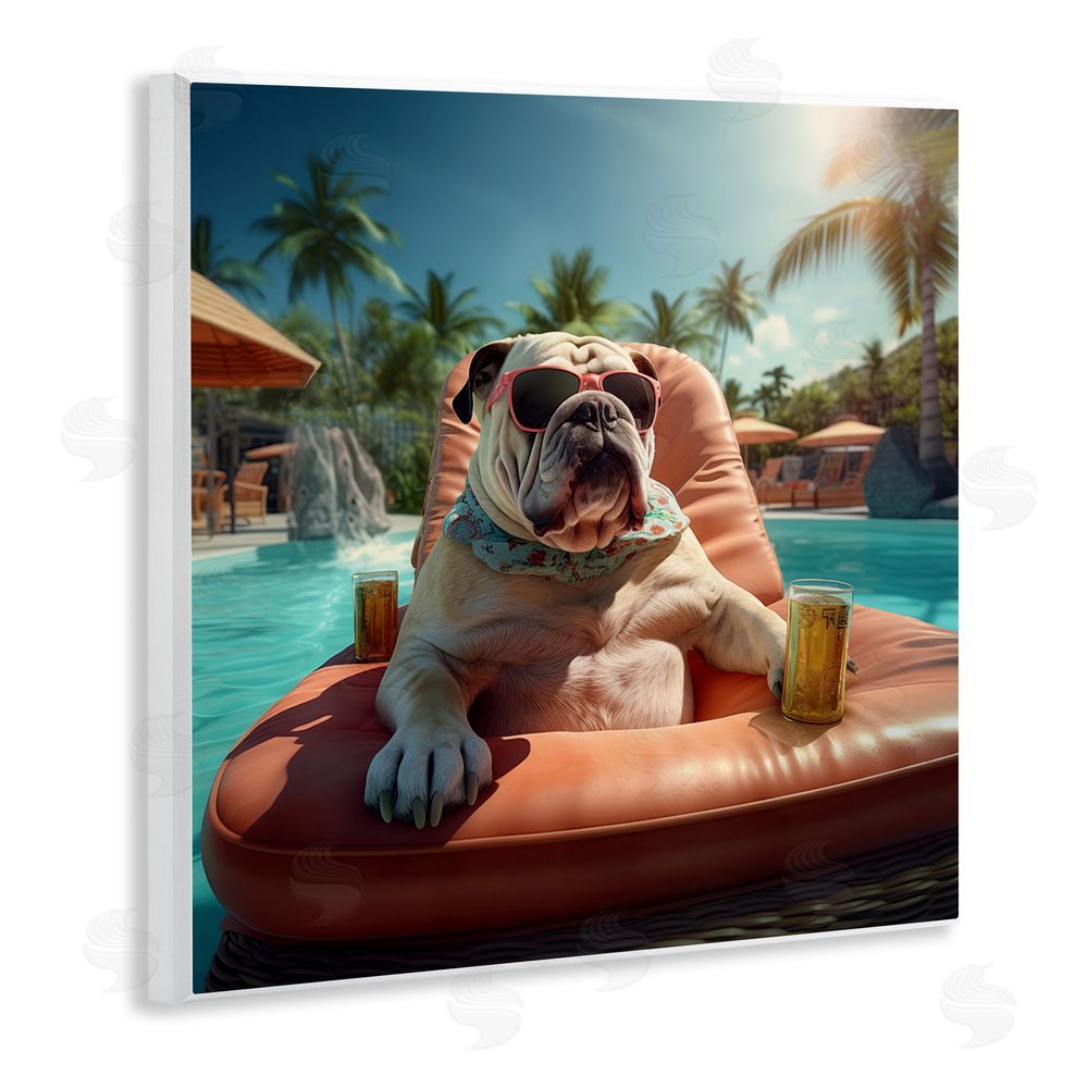 Jim Baldwin Bulldog in Resort Pool Wooden Wall Plaque Art Print