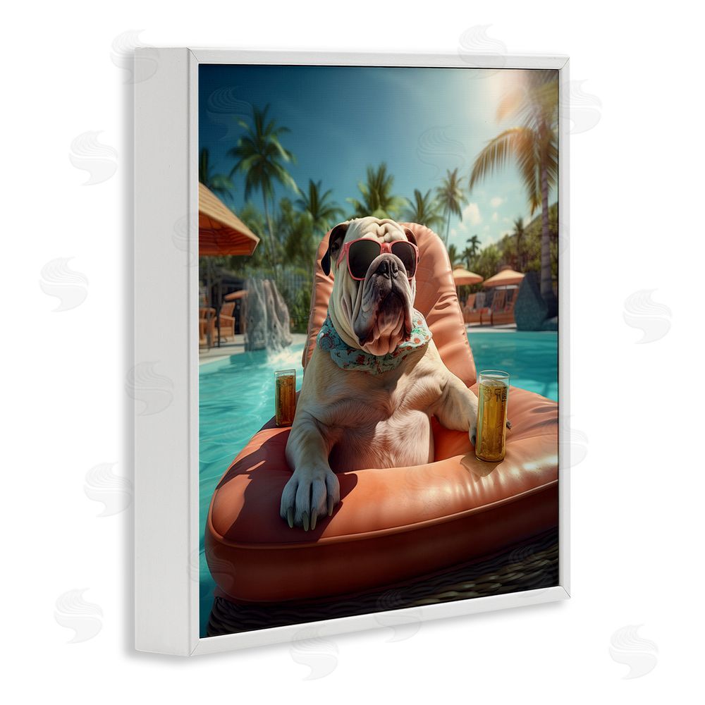 Jim Baldwin Bulldog in Resort Pool White Framed Glicee Wall Art Print