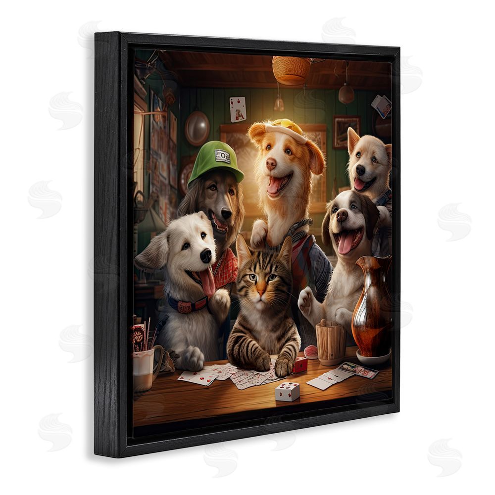 Jim Baldwin Animals Playing Card Games Black Floating Frame Canvas Wall Art Print