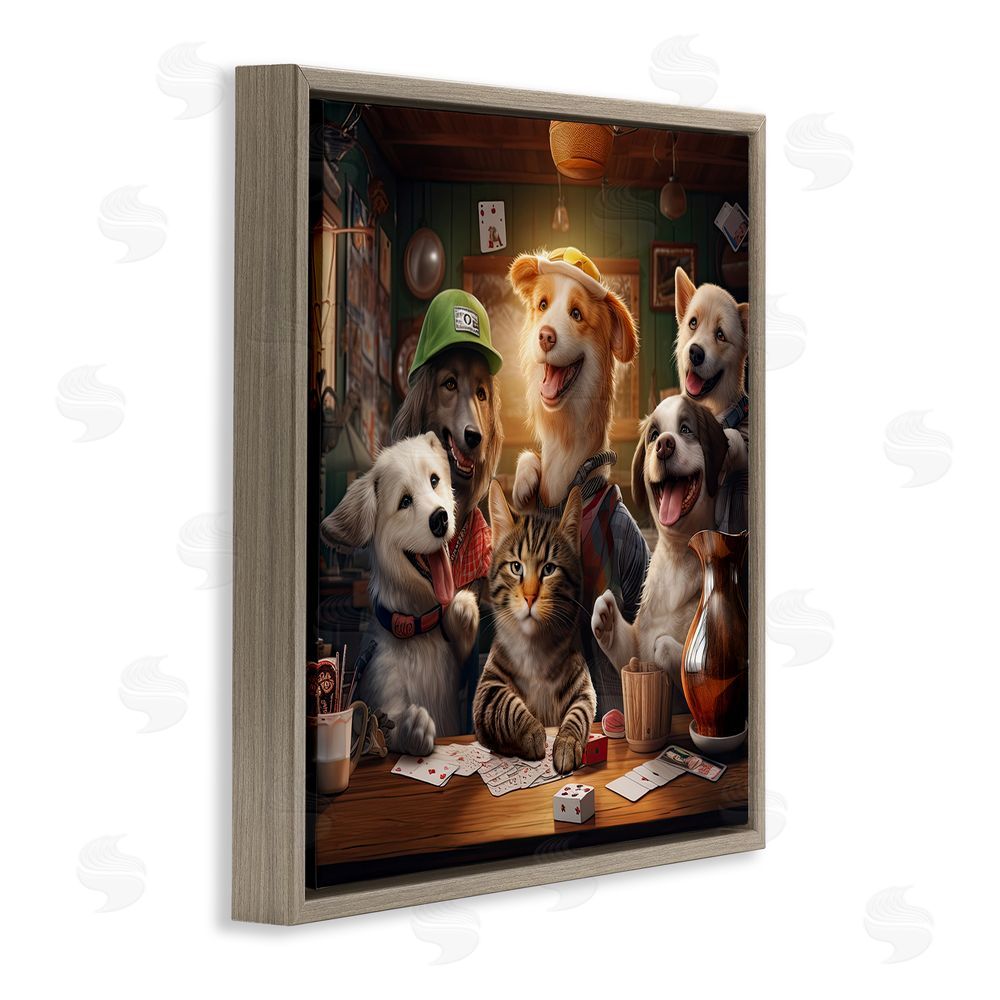Jim Baldwin Animals Playing Card Games Brown Floating Frame Canvas Wall Art Print