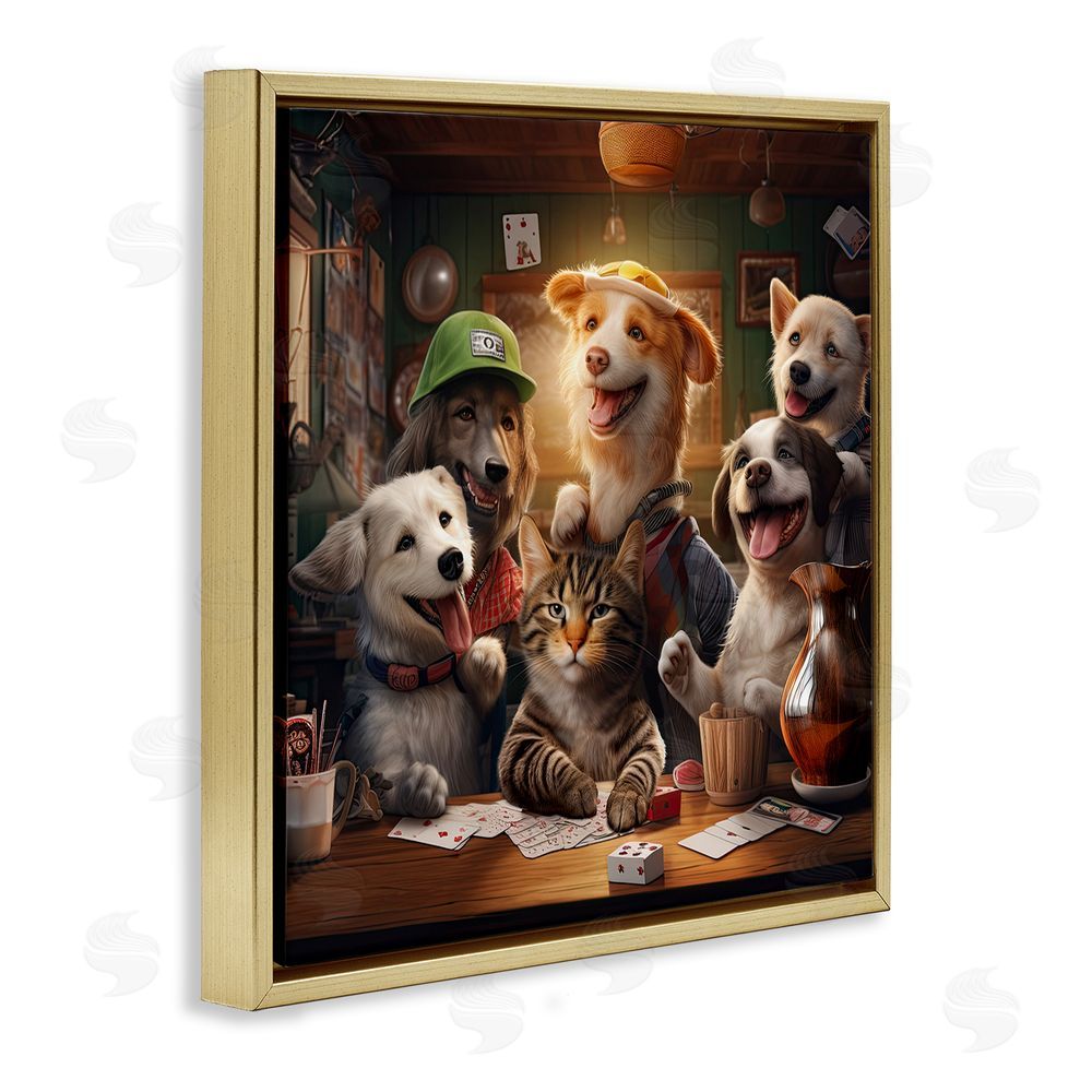 Jim Baldwin Animals Playing Card Games Gold Floating Frame Canvas Wall Art Print