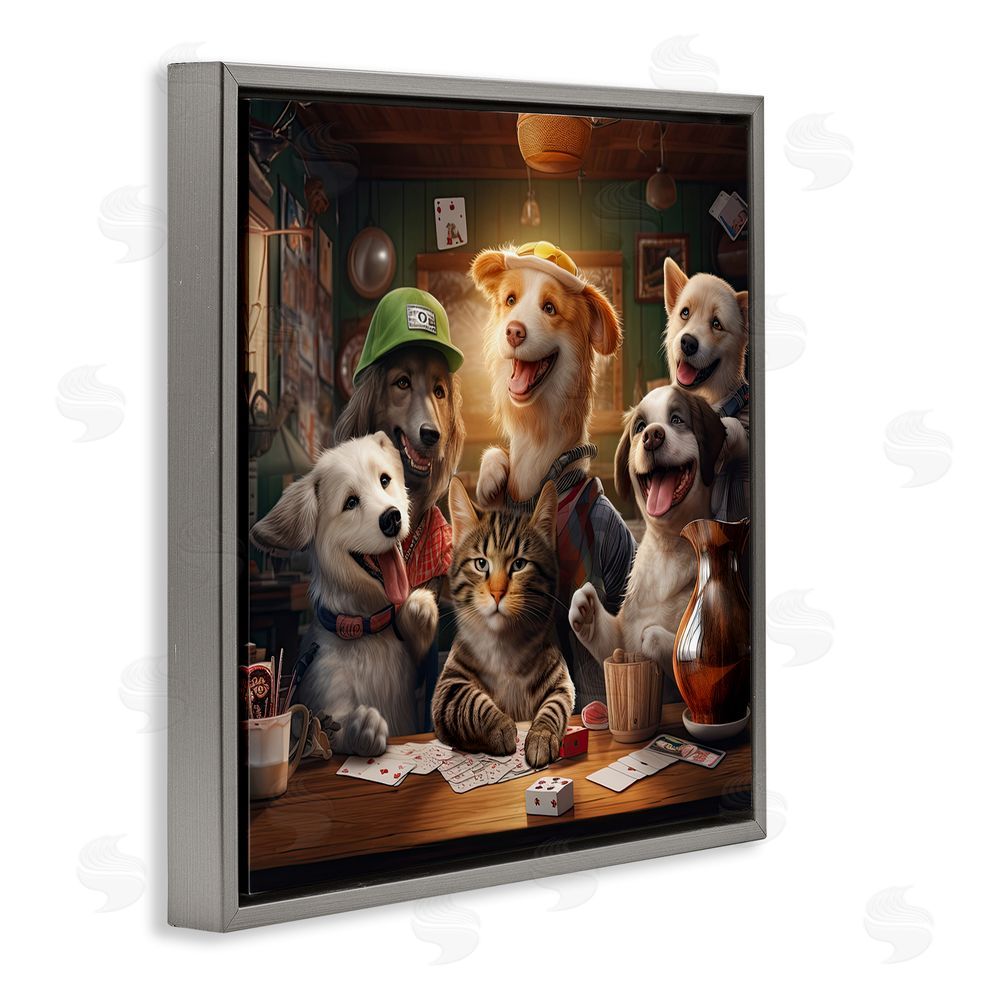 Jim Baldwin Animals Playing Card Games Gray Floating Frame Canvas Wall Art Print