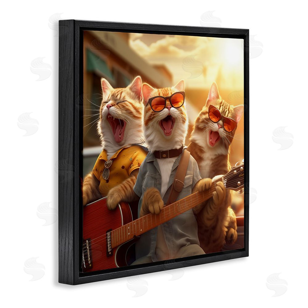Jim Baldwin Singing Guitarist Cats Black Floating Frame Canvas Wall Art Print