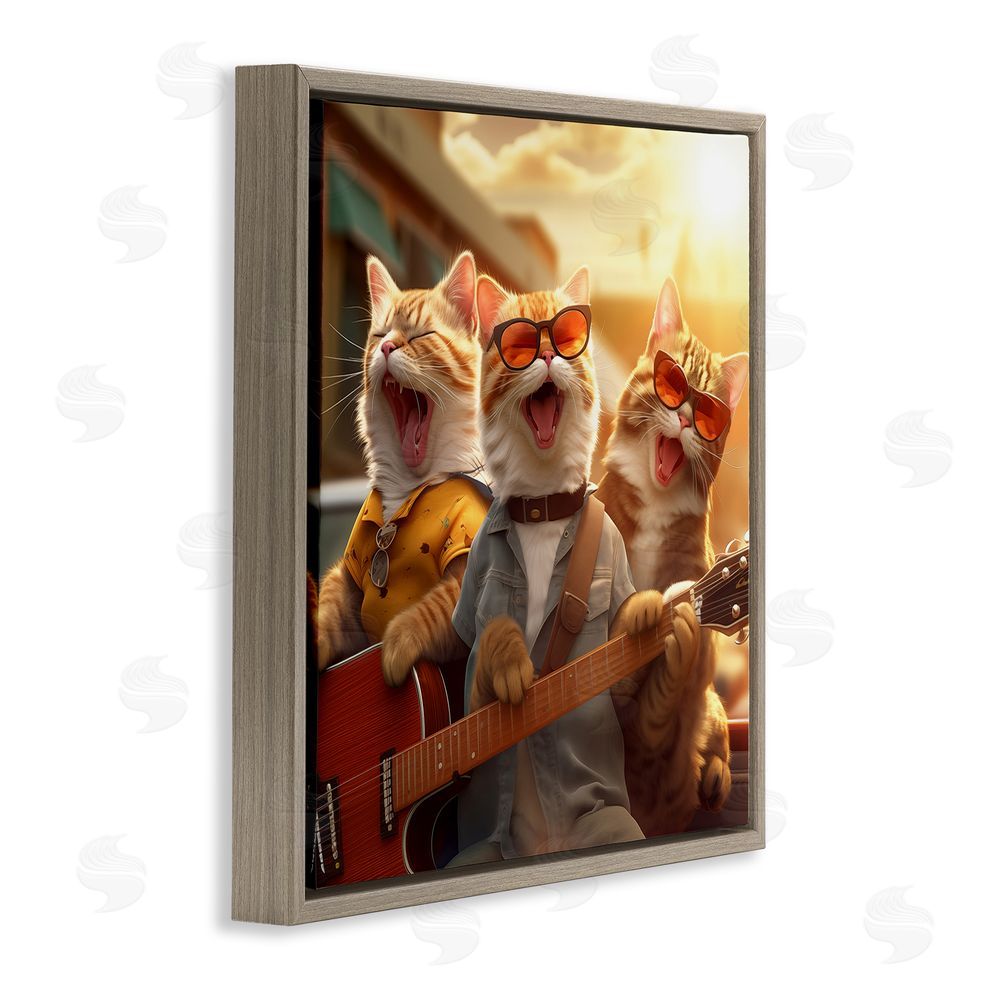 Jim Baldwin Singing Guitarist Cats Brown Floating Frame Canvas Wall Art Print