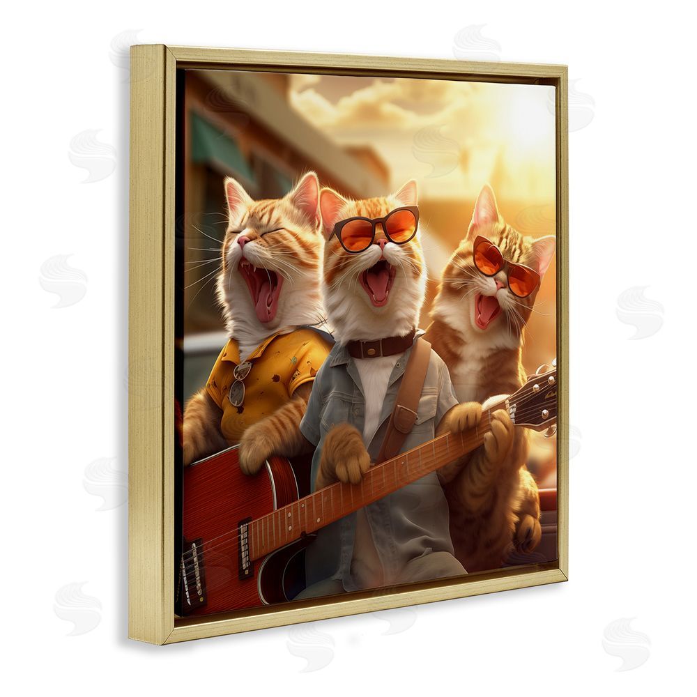 Jim Baldwin Singing Guitarist Cats Gold Floating Frame Canvas Wall Art Print