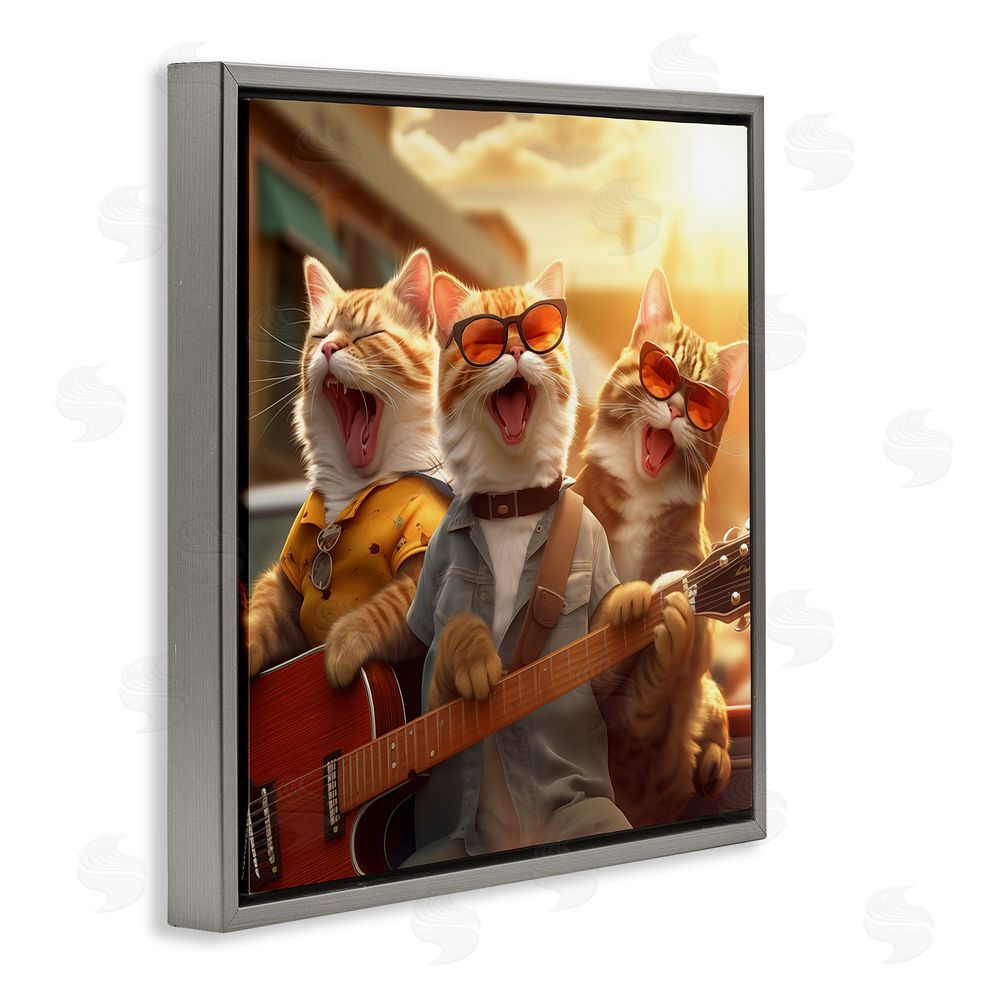 Jim Baldwin Singing Guitarist Cats Gray Floating Frame Canvas Wall Art Print