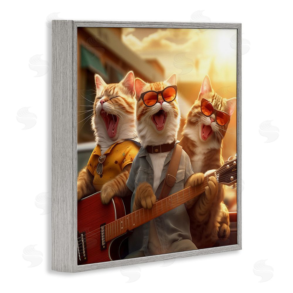 Jim Baldwin Singing Guitarist Cats Gray Framed Glicee Wall Art Print