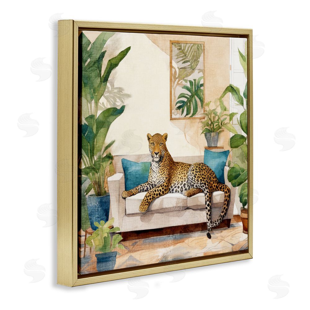 Kim Allen Cheetah & Tropical Indoors Gold Floating Frame Canvas Wall Art Print