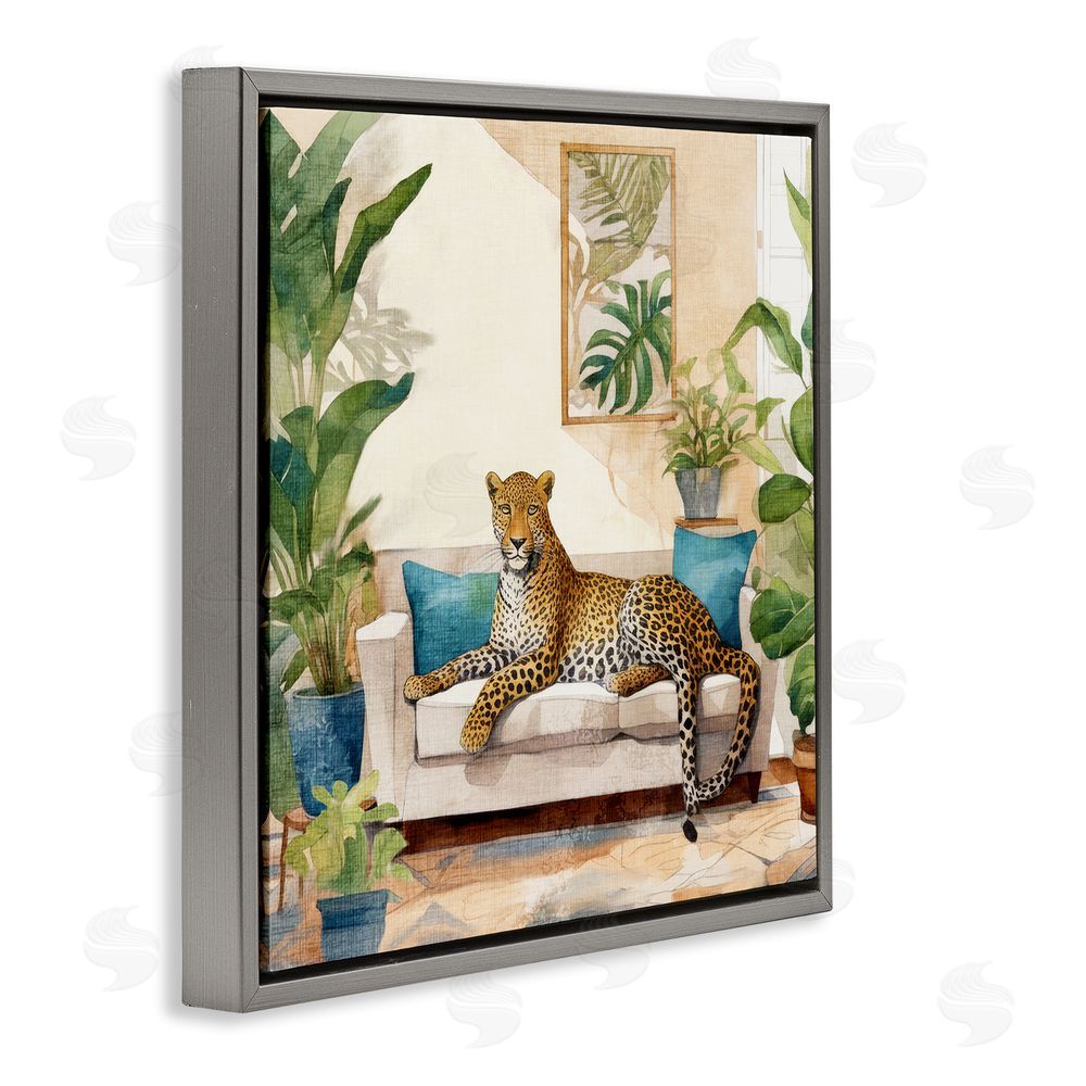 Kim Allen Cheetah & Tropical Indoors Gray Floating Frame Canvas Wall Art Print