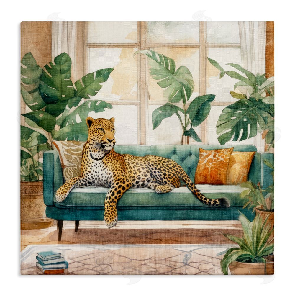 Kim Allen Leopard & House Plants Stretched Canvas Wall Art Print